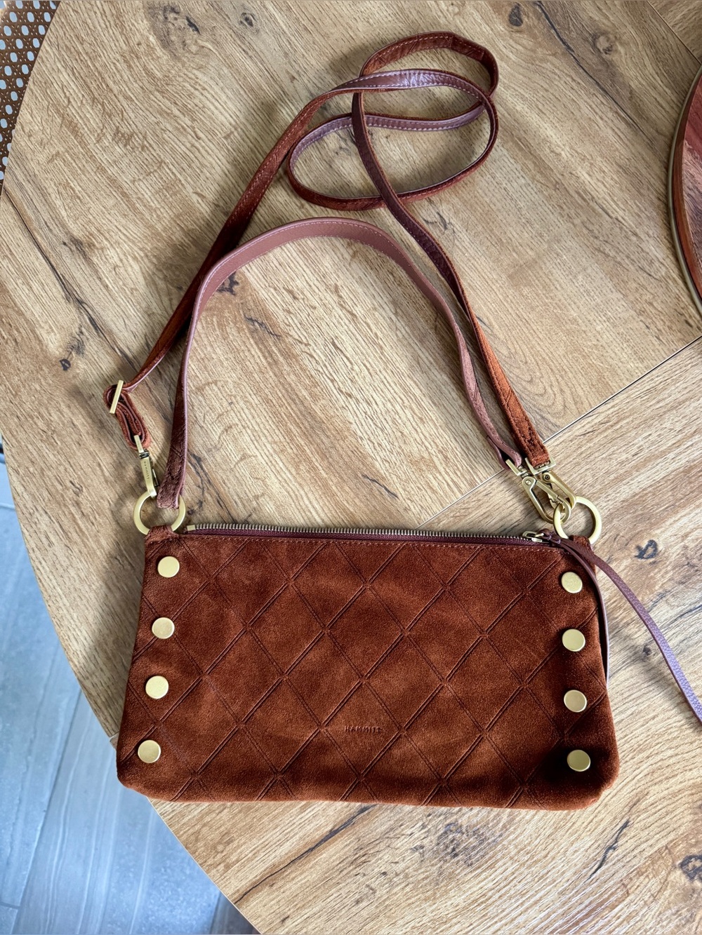 Hammitt Kyle Chocolate Diamond Suede Antique Gold Small Crossbody - Picture 2 of 15